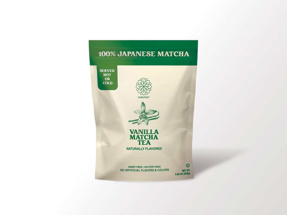 Harmony Matcha Vanilla front of bag showcasing premium blend for smooth, alert focus