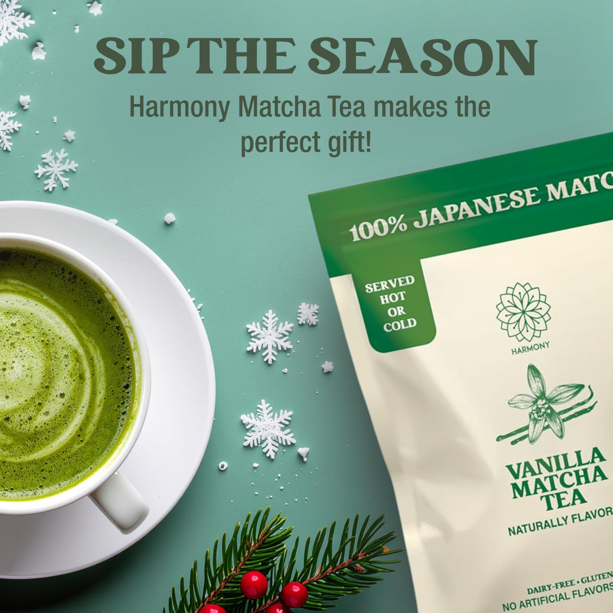 Harmony Matcha Vanilla powder close-up highlighting vibrant green powder for lattes