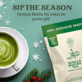 Harmony Matcha Vanilla powder close-up highlighting vibrant green powder for lattes