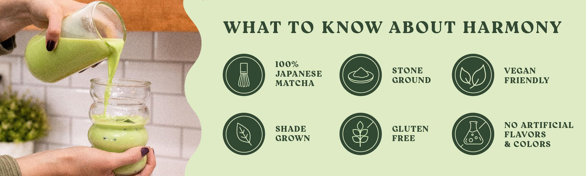 Harmony Matcha Vanilla resealable bag emphasizing freshness and storage ease