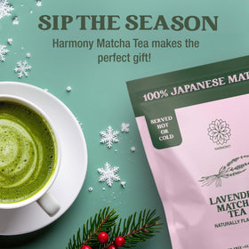 Harmony Proteins The Harmony Matcha Lavender tea cup with calming aroma.