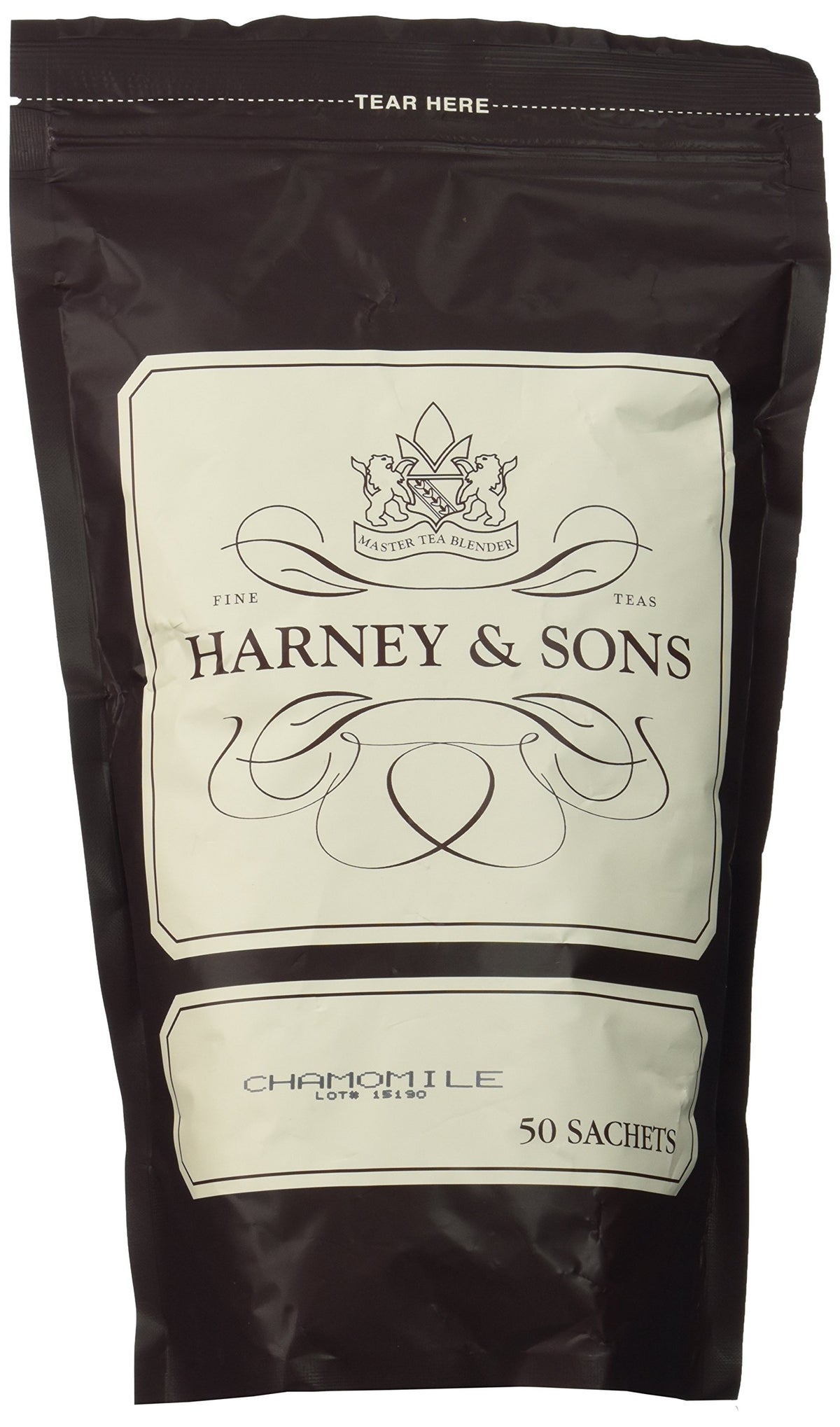 Harney & Sons Chamomile tea bags in a 50-sachet box for caffeine-free evenings.