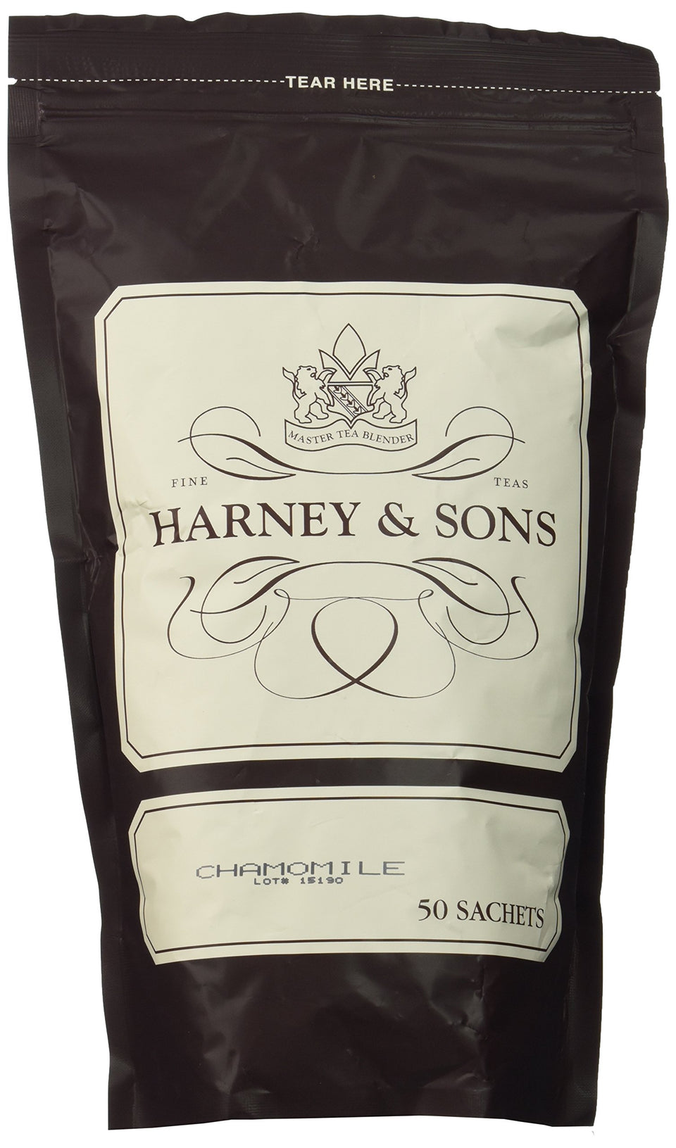 Harney & Sons Chamomile tea bags in a 50-sachet box for caffeine-free evenings.