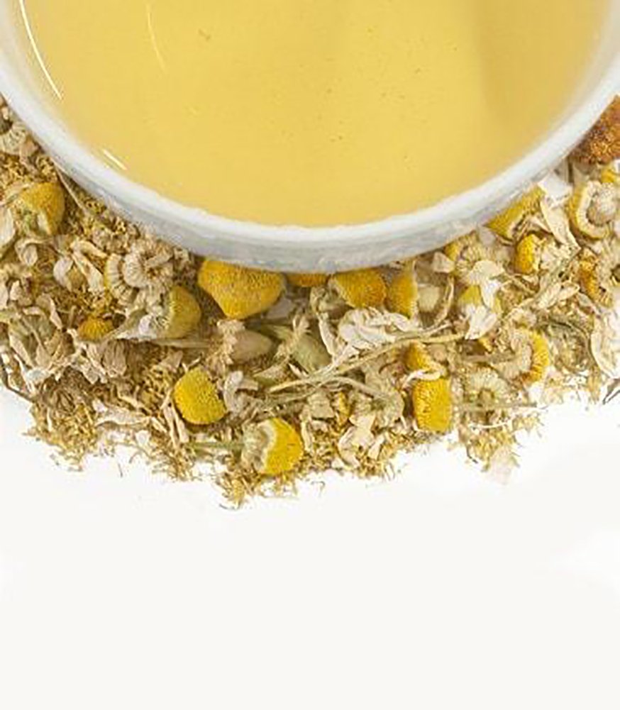 Brewing Harney & Sons Chamomile tea in a cup shows a smooth body and soothing aroma.