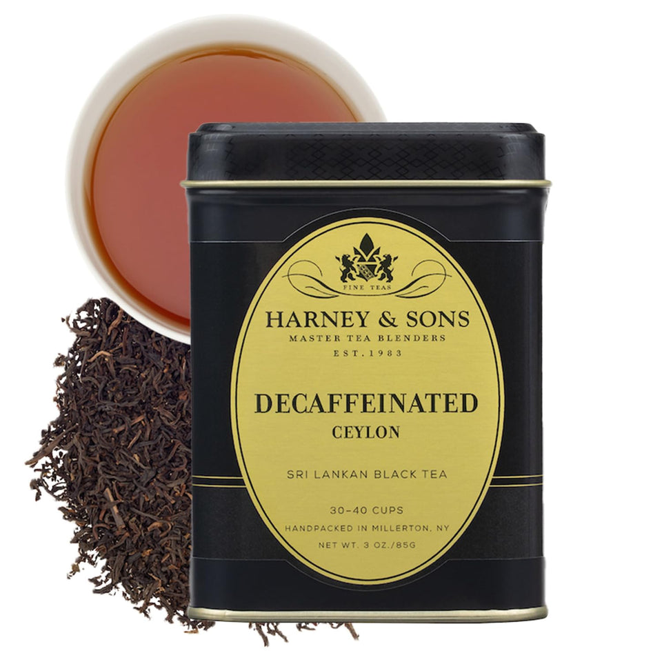 Harney and Sons Decaf Ceylon tea tin close-up, rich aroma and caffeine-free enjoyment.