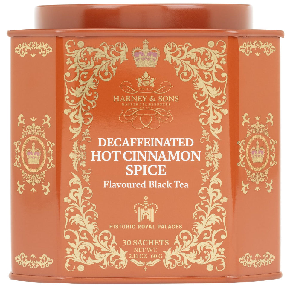 Harney and Sons Decaf Hot Cinnamon Spice in a decorative tin, ideal gift for tea lovers.