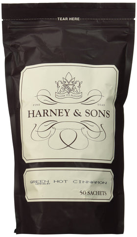 Harney and Sons Green Hot Cinnamon Spice sachets in a bag for easy brewing.