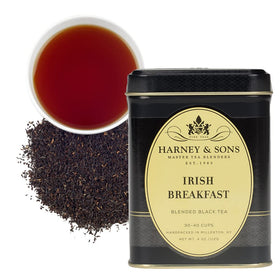 Harney & Sons Irish Breakfast Tea loose-leaf in tin, bold morning ritual with caffeine boost.