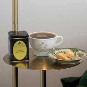 Pouring Harney & Sons Irish Breakfast Tea for a rich, aromatic experience.