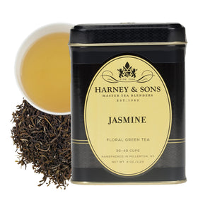 Harney & Sons Jasmine loose tea with jasmine petals, ideal for a delicate afternoon cup.