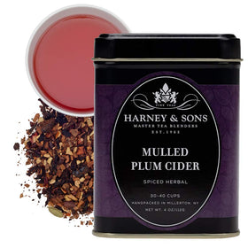 Harney & Sons Mulled Plum Cider tea packaging suggesting cozy evenings with rich flavor.