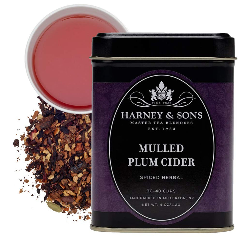 Harney & Sons Mulled Plum Cider tea packaging suggesting cozy evenings with rich flavor.