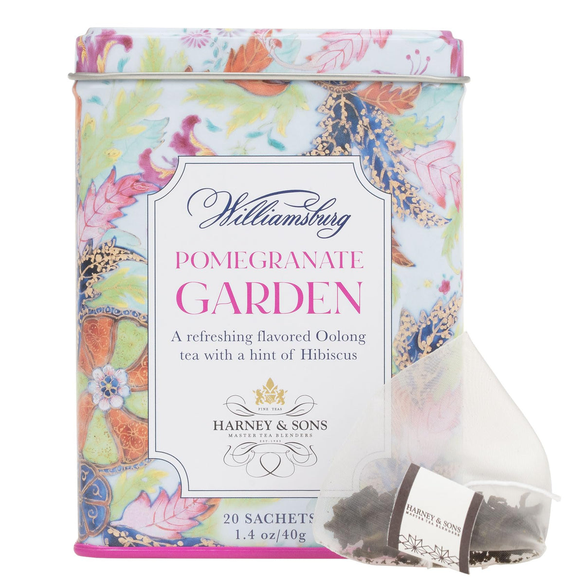 Harney & Sons Pomegranate Garden tea tin with 20 sachets for a fragrant afternoon ritual.