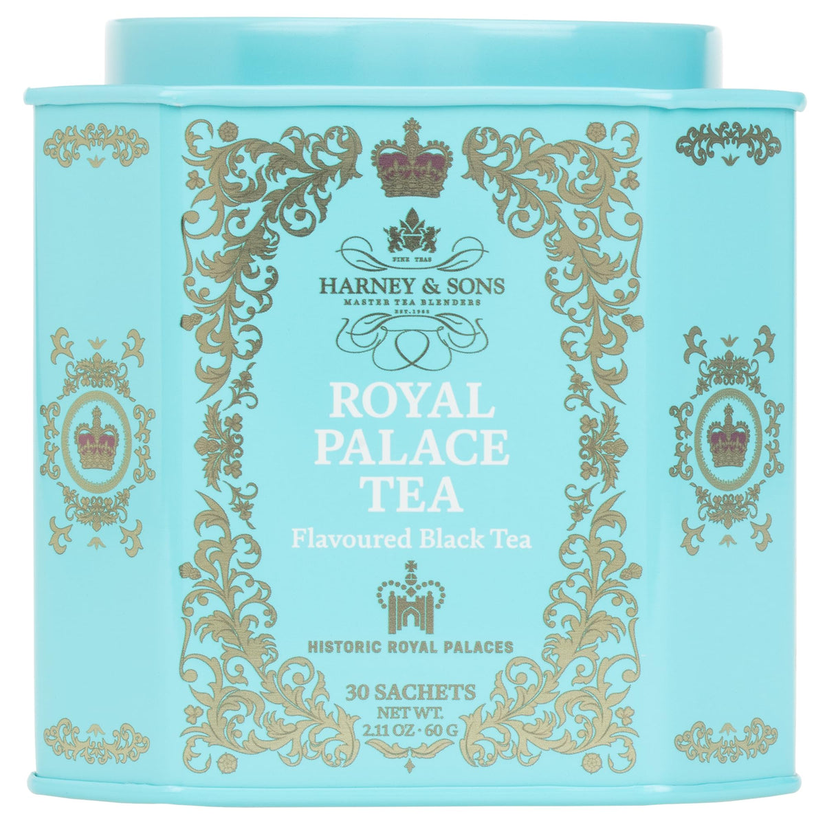 Harney & Sons Royal Palace Tea tin and cup highlighting lemon and grapefruit flavor