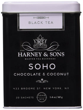 Harney & Sons SoHo Chocolate Coconut tea sachet tin, ready for brewing.