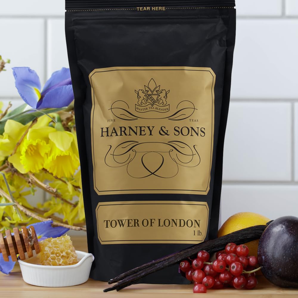 Harney & Sons Tower of London tea brewed cup highlighting bergamot and stone fruit flavors.