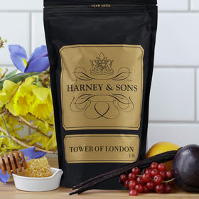 Harney & Sons Tower of London tea brewed cup highlighting bergamot and stone fruit flavors.