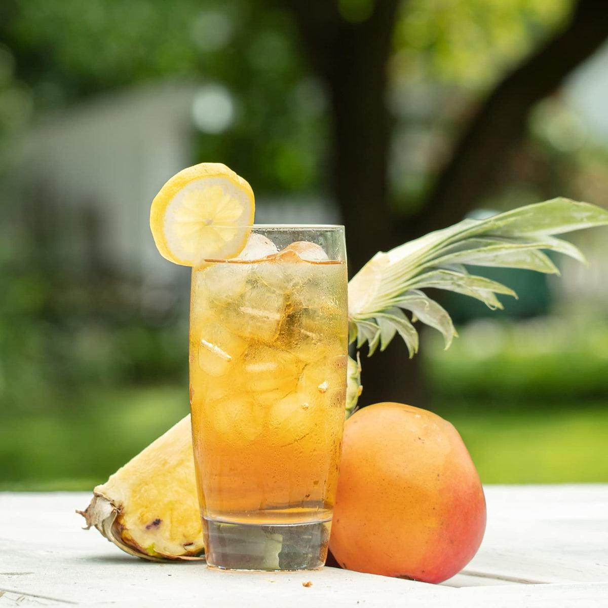 Harney & Sons Tropical Mango iced tea in a glass with citrus garnish for sunny days