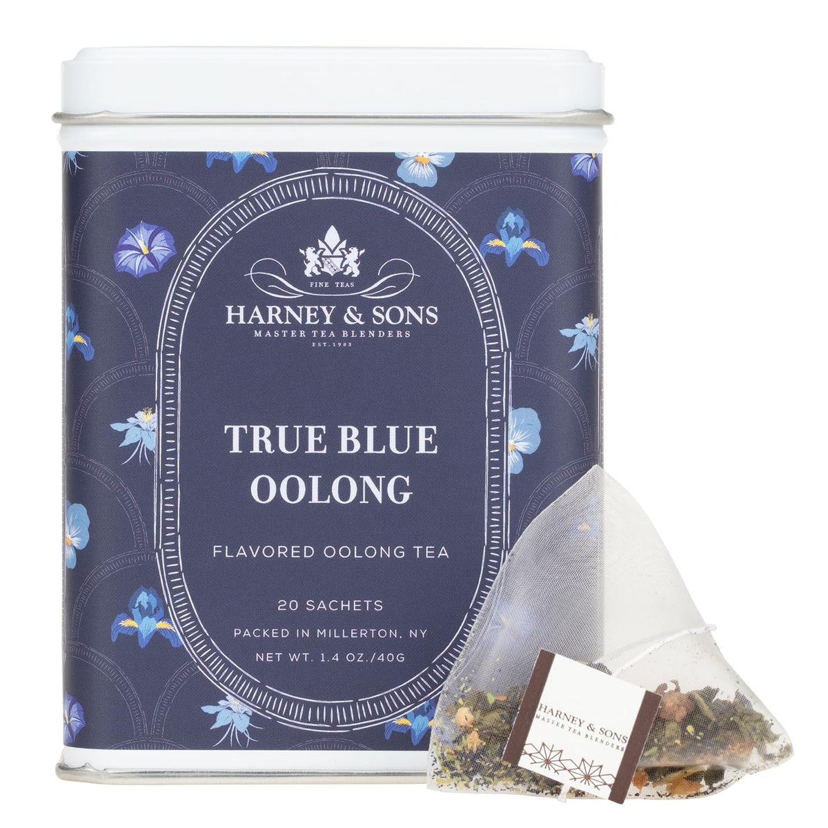 Harney and Sons True Blue Oolong sachets close-up with vivid color and inviting aroma.