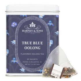Harney and Sons True Blue Oolong sachets close-up with vivid color and inviting aroma.