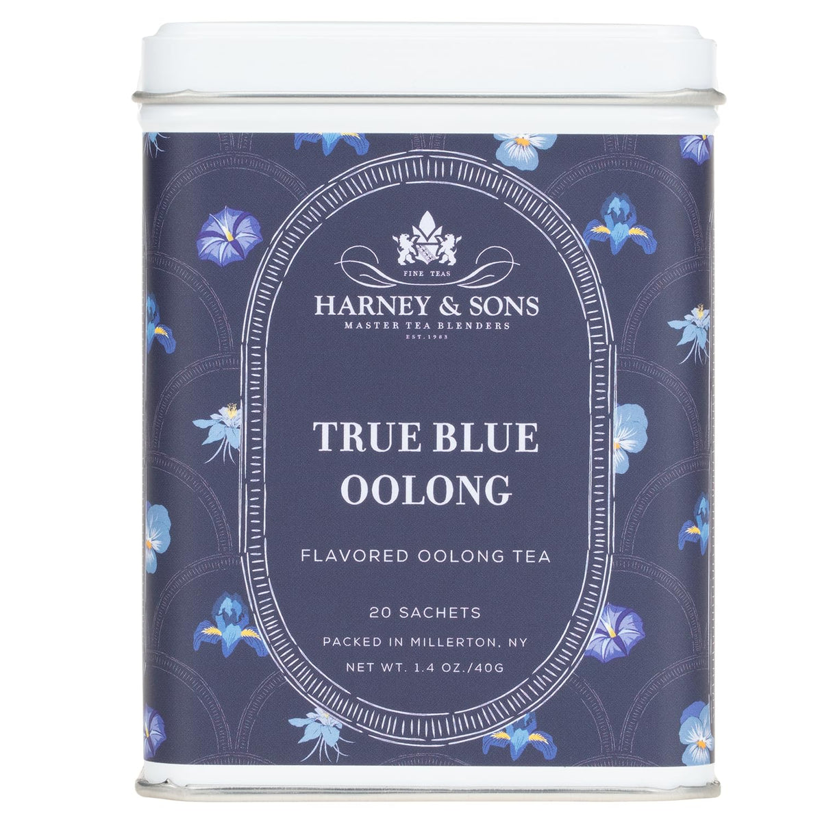 Harney and Sons True Blue Oolong tin packshot shows easy sachets for quick brew and color.