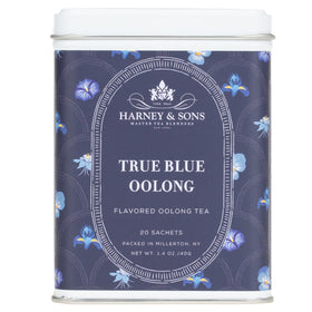 Harney and Sons True Blue Oolong tin packshot shows easy sachets for quick brew and color.