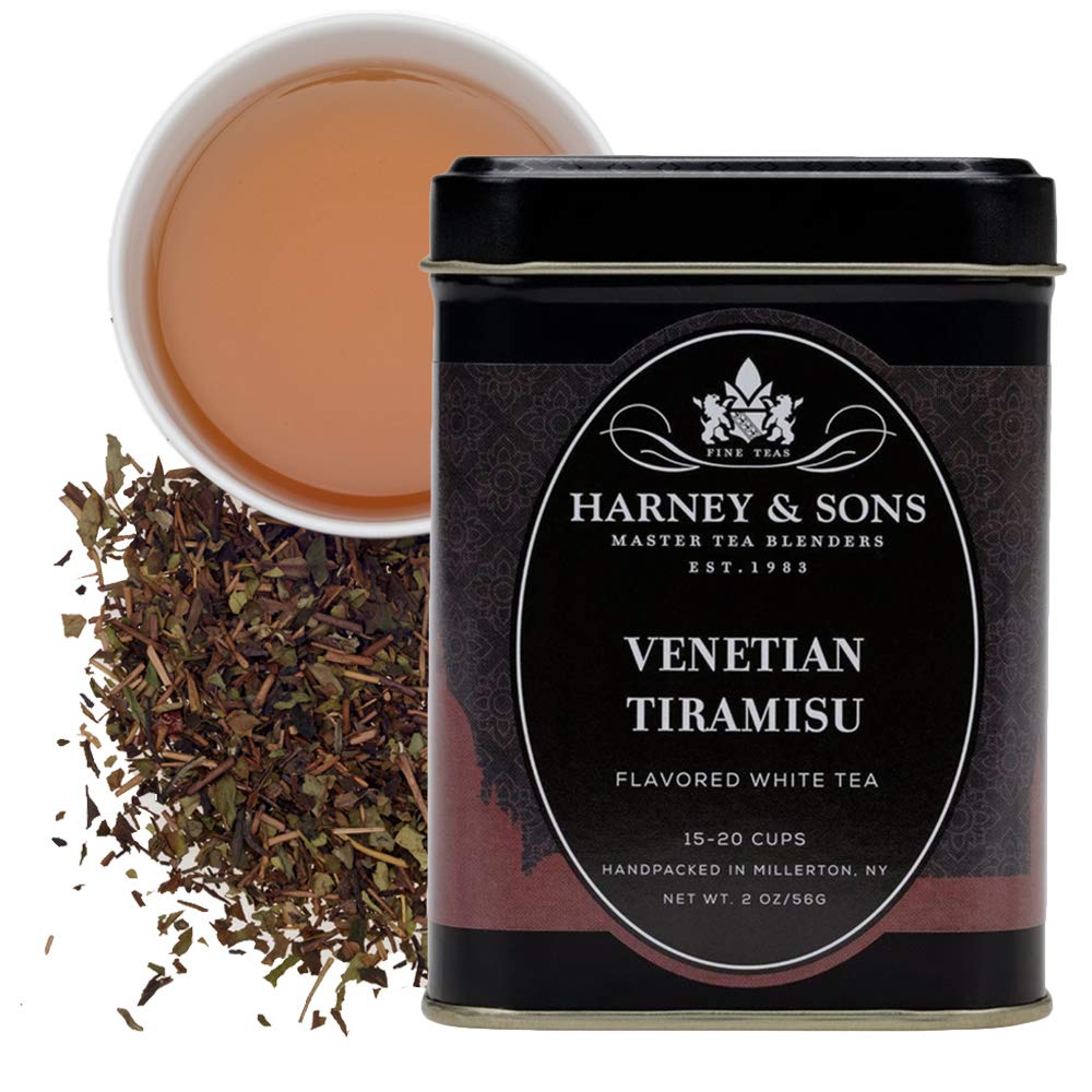 Harney & Sons Venetian Tiramisu loose tea tin, inviting aroma and premium packaging.