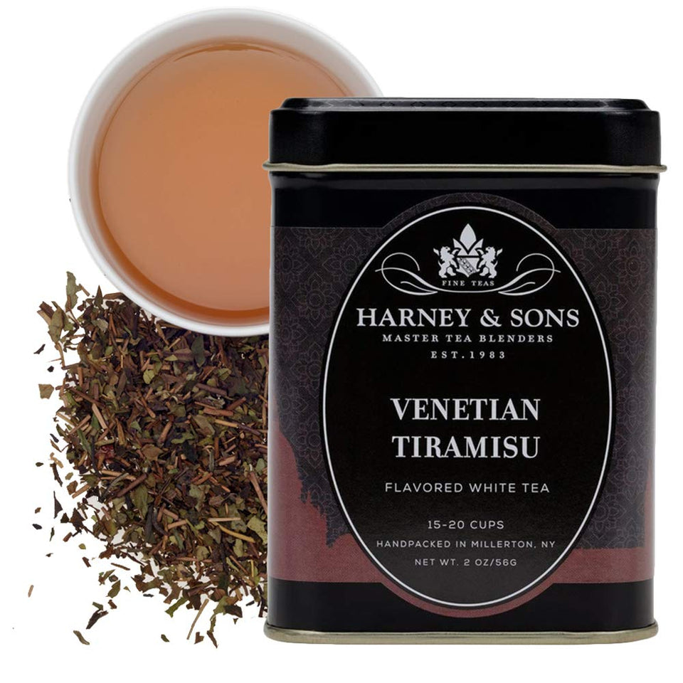 Harney & Sons Venetian Tiramisu loose tea tin, inviting aroma and premium packaging.