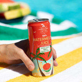 Harney & Sons Watermelon Juice cans arranged for quick chilling and sipping.