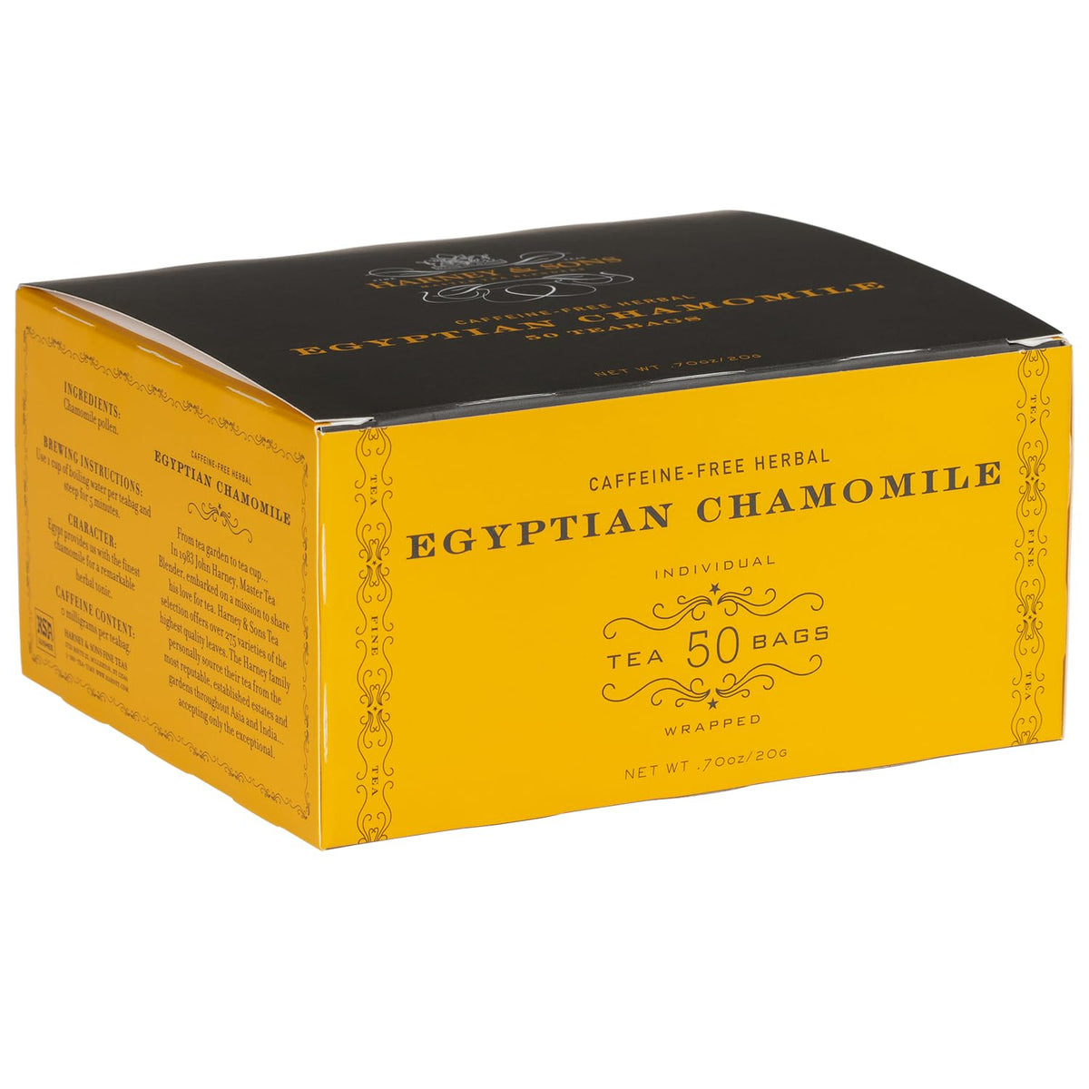 Harney and Sons Chamomile tea bags in a 50-count box for a calming evening ritual.