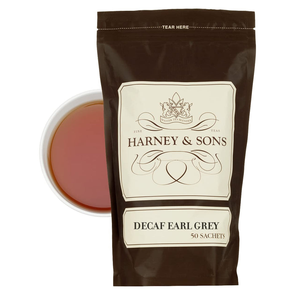 Harney & Sons All Natural Decaf Earl Grey sachets offer aromatic bergamot flavor for evening tea.