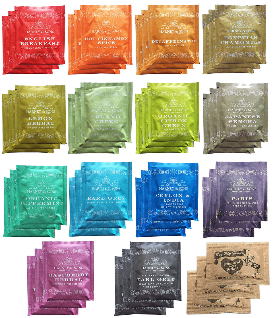 Harney and Sons assorted tea bag sampler 42-count with honey crystals, ideal for gifting.