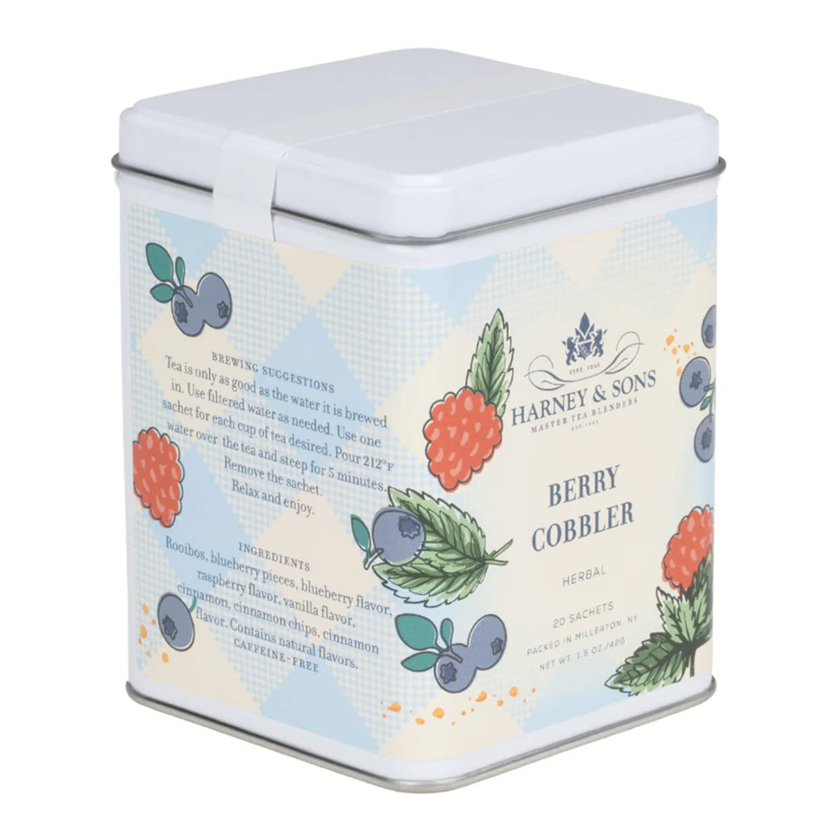 Harney and Sons Berry Cobbler Tea tin cover highlights a fruity herbal blend