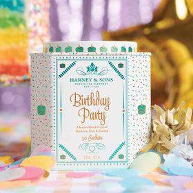 Harney & Sons Birthday Party Tea sachets close-up, decaf convenience.