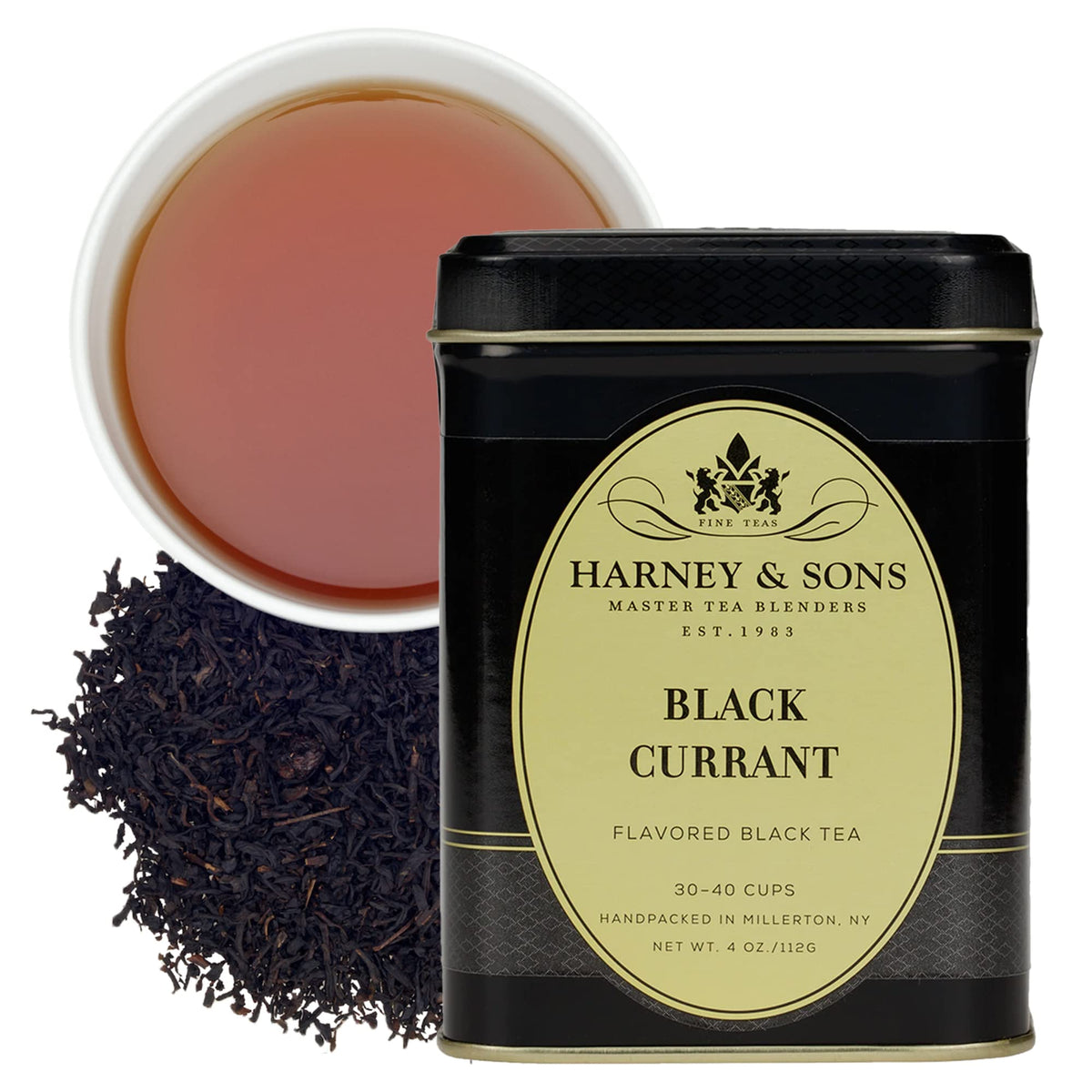 Harney & Sons Black Currant loose leaf tea in tin offers berry aroma for hot or iced brews.