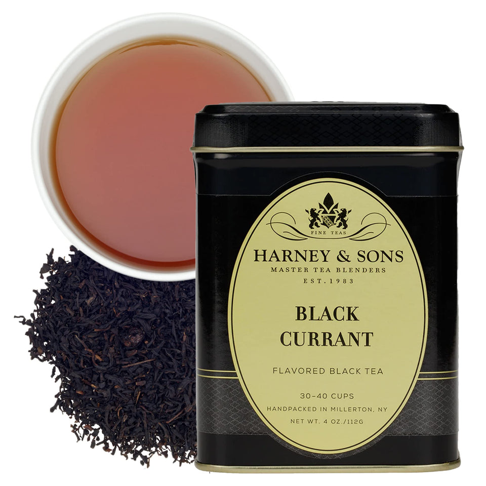 Harney & Sons Black Currant loose leaf tea in tin offers berry aroma for hot or iced brews.