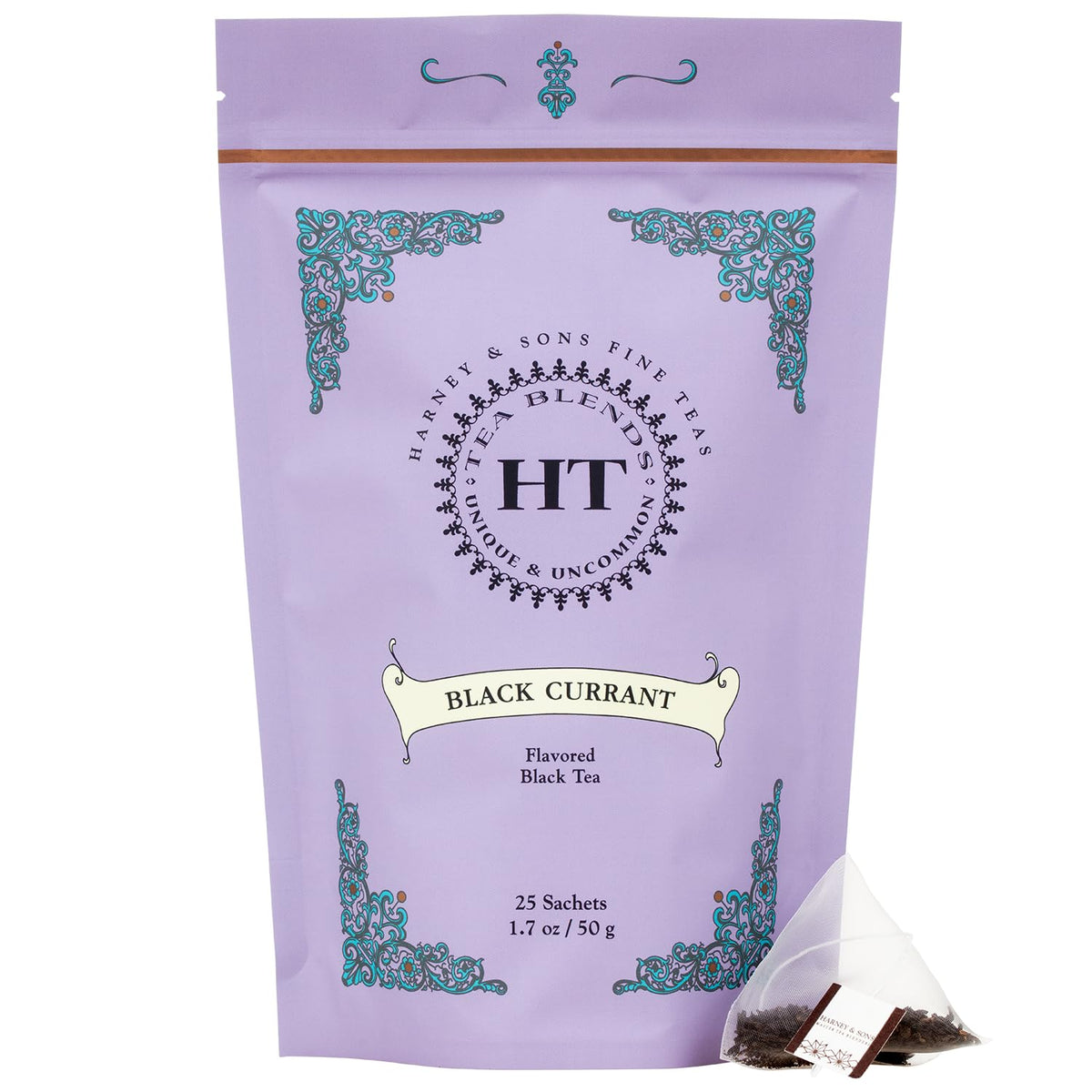 Harney & Sons Black Currant Tea packaging highlighting bold fruit flavor.