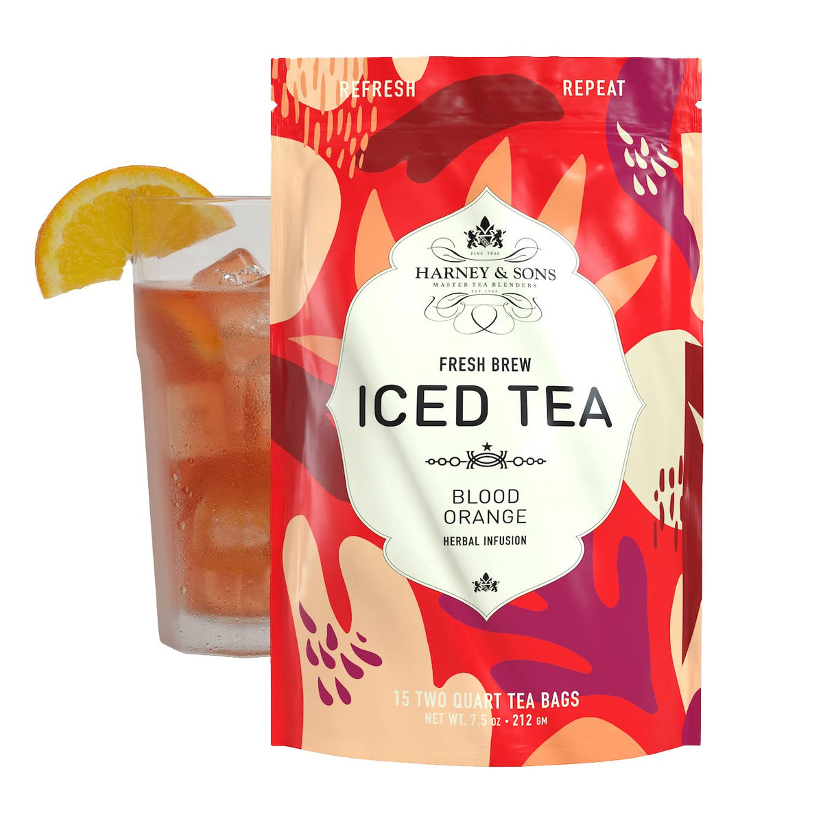 Harney and Sons Blood Orange Fresh Brew Iced Tea pouch for caffeine-free refreshment.