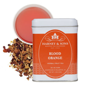 Harney & Sons Blood Orange Fruit Tea – loose-leaf blend with apple pieces and hibiscus for vibrant flavor.