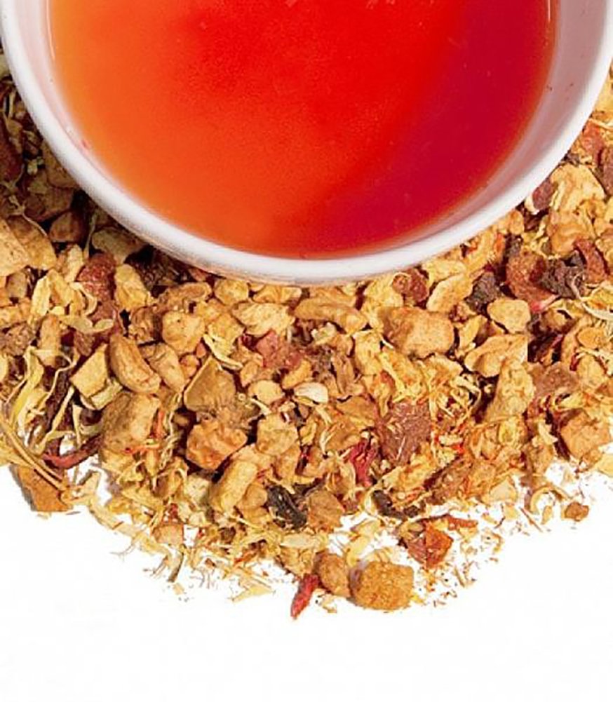Harney & Sons Blood Orange tea ingredients include apple pieces and raspberry for a bright, flavorful brew.