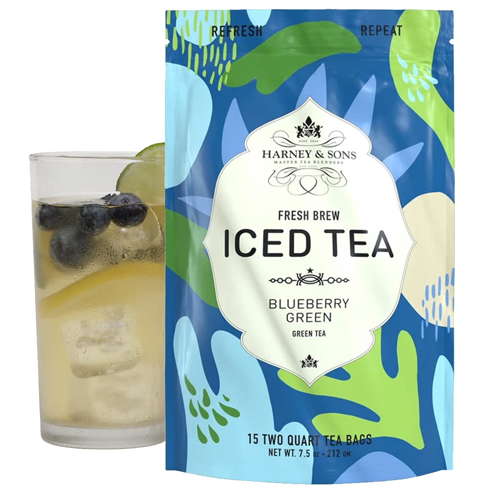 Harney & Sons Blueberry Green Fresh Brew iced tea pouch ready for a refreshing cold brew.
