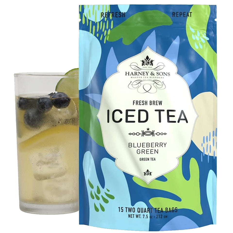 Harney & Sons Blueberry Green Fresh Brew iced tea pouch ready for a refreshing cold brew.