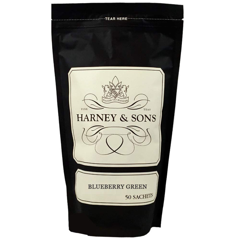 Harney and Sons Blueberry Green Tea Sachets bulk bag ideal for quick, flavorful hot or iced brews.
