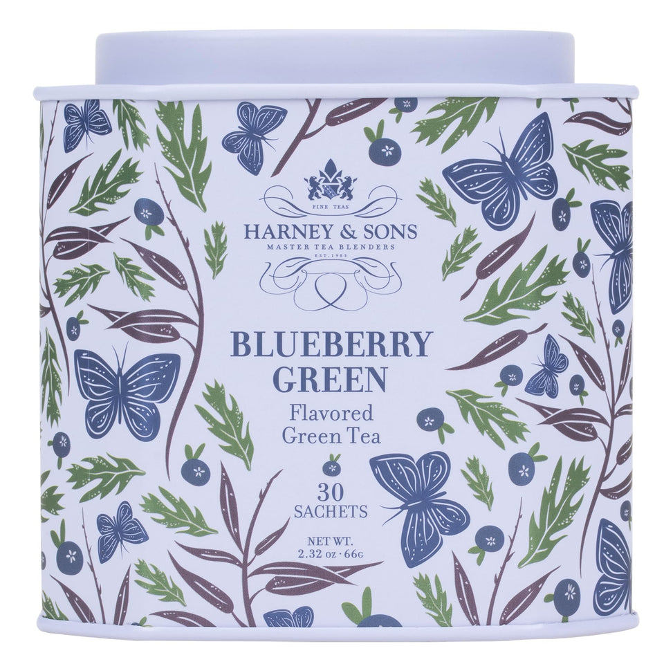 Harney & Sons Blueberry Green Tea tin with sachets, ideal for quick, flavorful hot or iced cups.