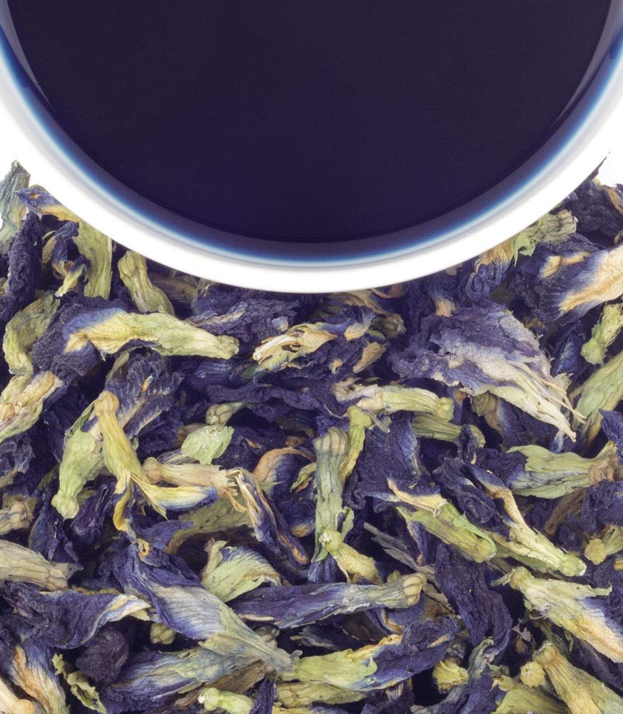 Harney & Sons Butterfly Pea Flower Tea brewed in a cup for a mild earthy infusion.