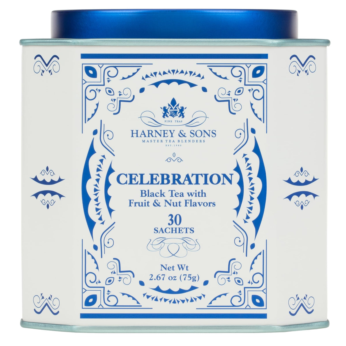 Harney & Sons Celebration tea tin showcasing a festive blend for holiday gatherings.