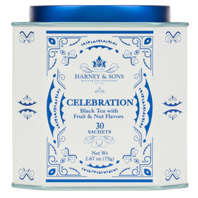 Harney & Sons Celebration tea tin showcasing a festive blend for holiday gatherings.