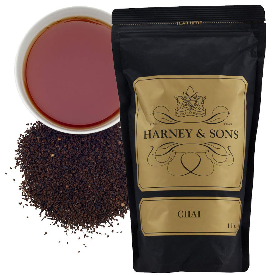 Harney and Sons Chai loose tea 16oz bag, bold aroma for cozy mornings.