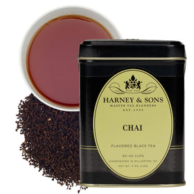 Harney & Sons chai tea loose leaf tin with warm spices for home brewing.