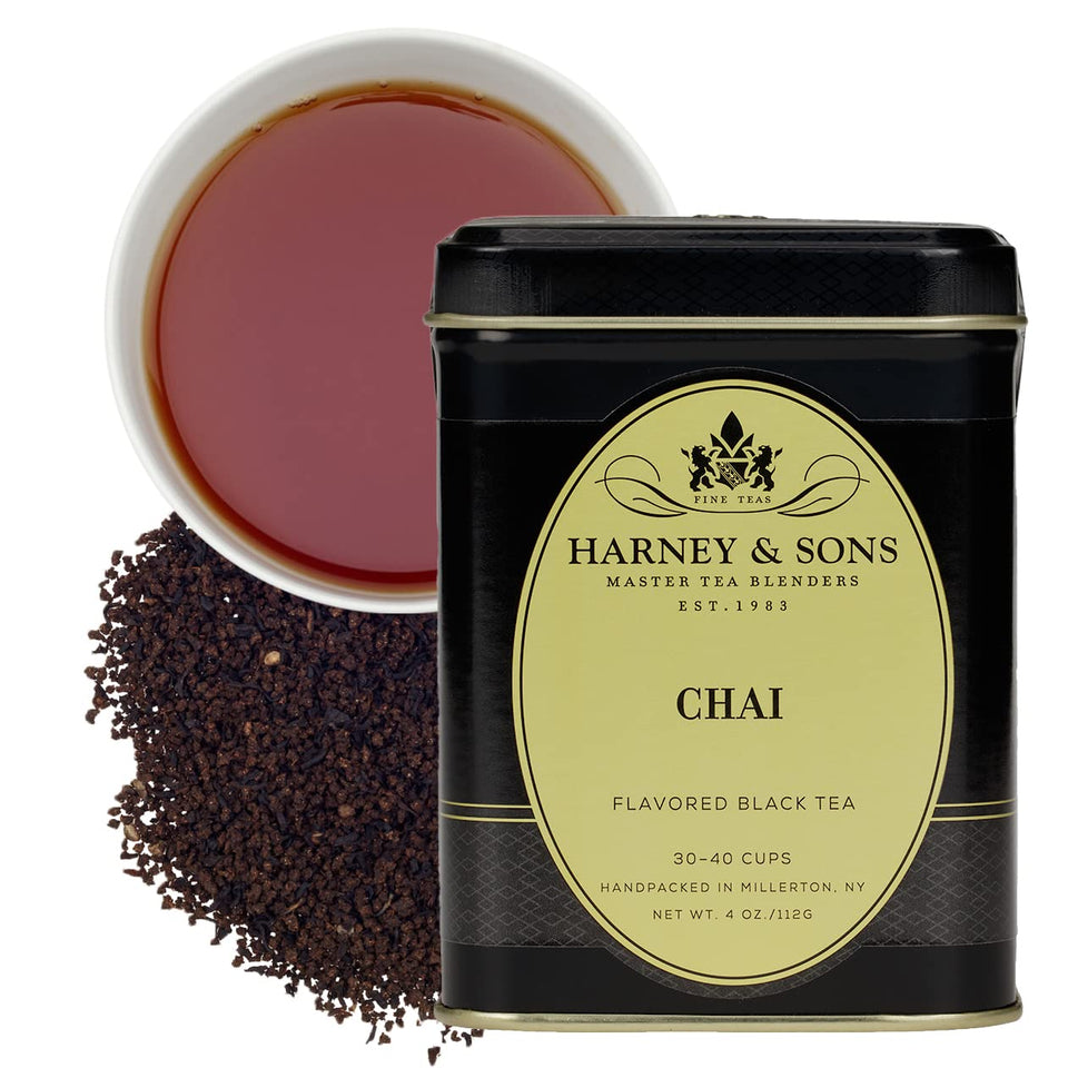 Harney & Sons chai tea loose leaf tin with warm spices for home brewing.